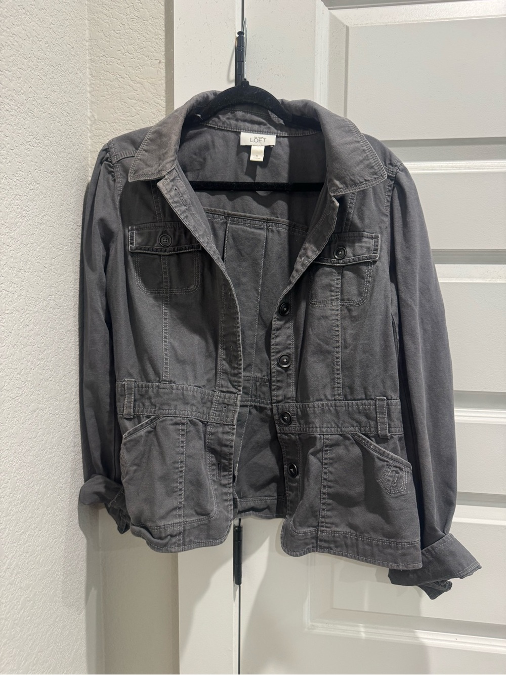LOFT Charcoal Gray Cotton Utility Jacket with Flap Pockets